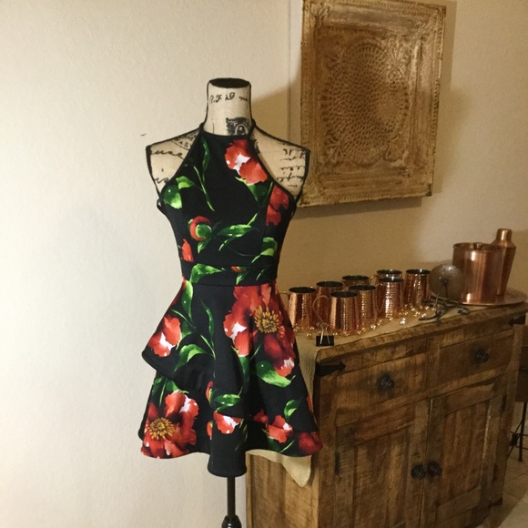 Tropical Floral Papaya Summer Sundress Black & Red - Picture 4 of 7
